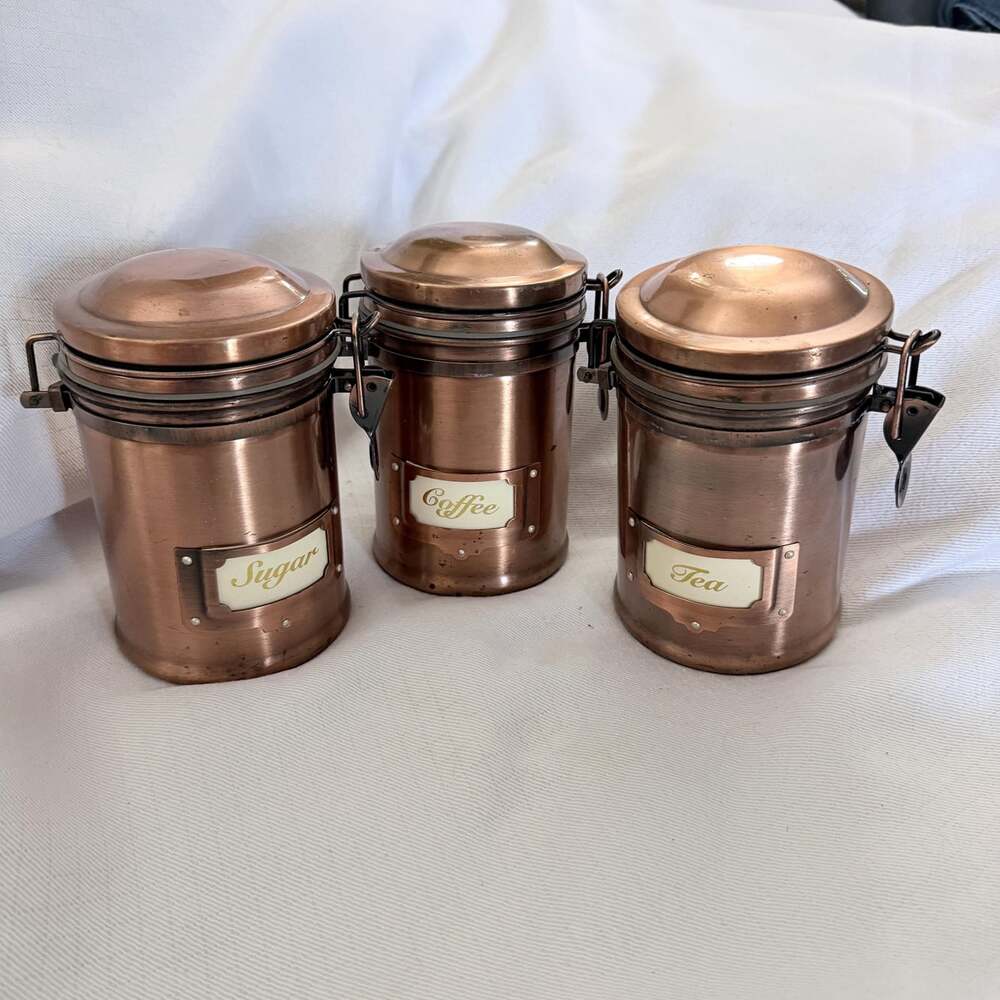 Vintage Copper Canister Set of 3 Sugar Coffee Tea Bail Metal Latching Storage Co